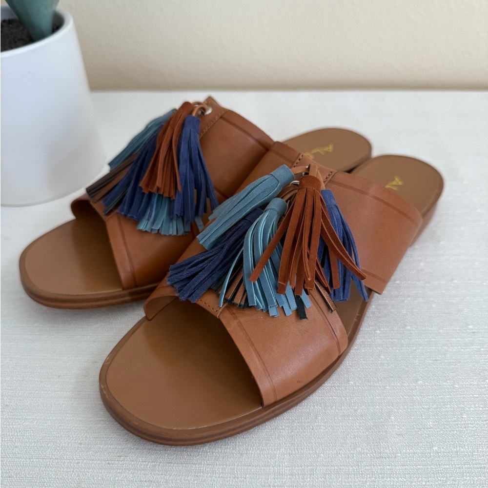 ALDO Brown/Blue Leather Tassel Slide Sandals
